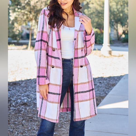 NEW Double Take PLUS + REG Size Pink Plaid Button Up Notched Lapel Collar Coat - Picture 4 of 7